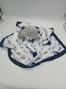 Just Born Gray Sleepy Bear Mountain Plush/Blue Satin Back Lovey Security Blanket - Picture 1 of 4