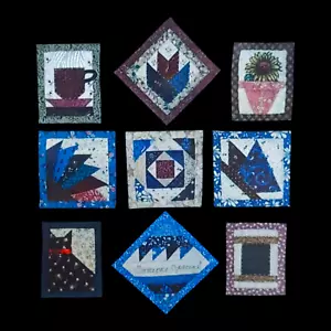 9 Quilted Pins / Miniature Quilt Patterns - 2" Cat Butterfly Flower Pot Tea Cup - Picture 1 of 3