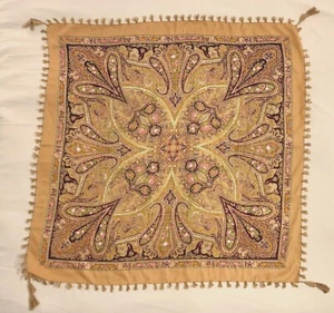 VTG 60'S LOVELY!! MOD HIPPIE TAN & PINK PAISLEY PRINT WOOL TASSEL SCARF WRAP - Picture 1 of 2