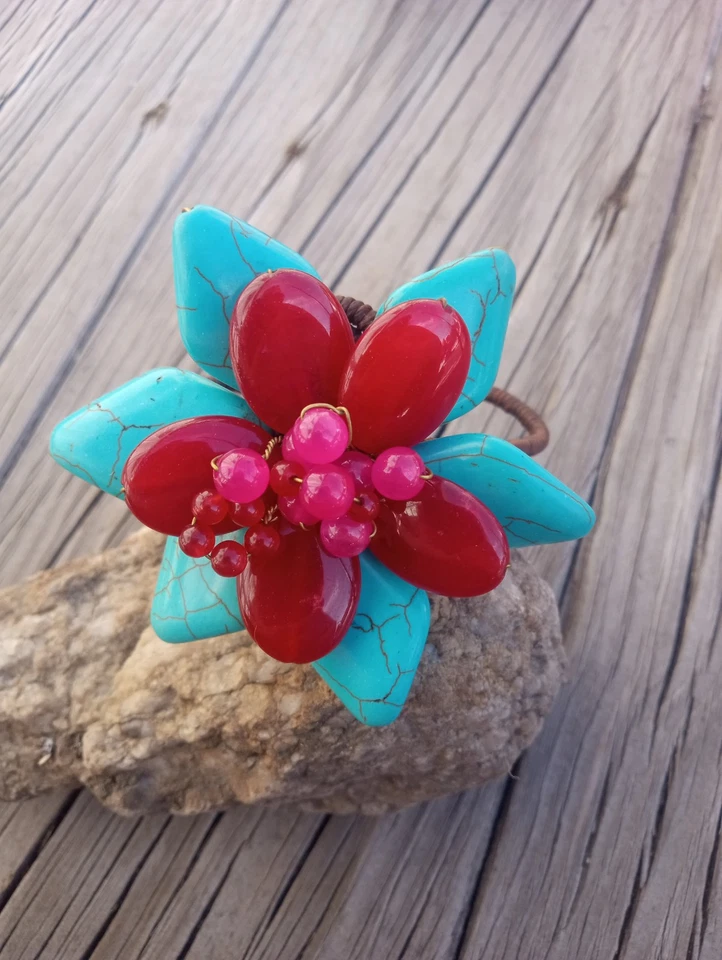Floral Beaded Cuff Bracelet Wire Wrapped Colorful Flower Power Statement Foto 1 de 1