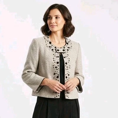 St John Collection Open Blazer Size 4 Cream Beaded Knit Cropped Jacket Formal - Image 1 of 4