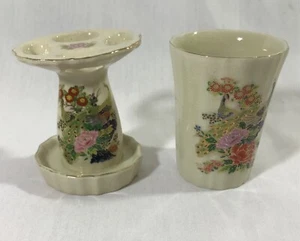 Soporte de cepillo de dientes de cerámica de pavo real floral de mediados de siglo y vaso de colección JAPÓN - Imagen 1 de 7