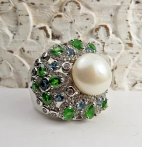 ATEMBERAUBENDER COCKTAILRING AUS STERLINGSILBER MIT PERLENTOPAS UND DIOPSID GRÖSSE 7 - Bild 1 von 7