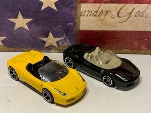 HOT WHEELS FERRARI 458 SPIDER X2. 2012 NEW MODELS YELLOW & 2013 BLACK LOOSE NICE - Picture 1 of 8