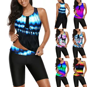 Women Sporty Tankini Sets With Boy Shorts Swimwear Two Piece Swimsuit UK 8-16 - Picture 1 of 17