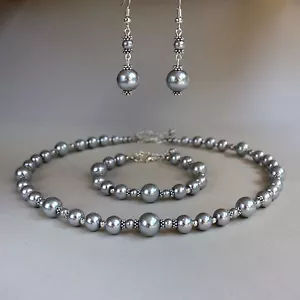 Vintage light grey pearl necklace bracelet earrings wedding bridal jewellery set - Picture 1 of 6