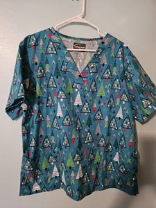 Buttersoft Brand Christmas Trees On Turquoise Scrub Top - sz L - Picture 1 of 4