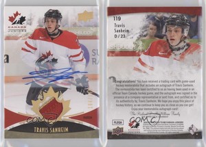 2016 Team Canada Juniors Men's Gold Spectrum /199 Travis Sanheim #119 Patch Auto