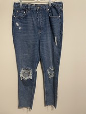 H&M Denim Mom Jeans High Waist Distressed Ripped Holes Light Blue Denim Size 12