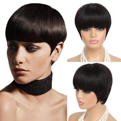 Peluca corta corte pixie pelucas de cabello humano con flequillo para mujeres negras 100 % cabello humano Foto 1 de 4