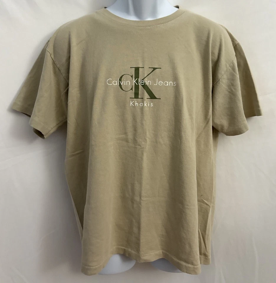 Винтажная мужская футболка 90-х одинарный шов Calvin Klein Khakis размер Small бежевый - Изображение 1 из 4