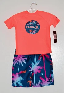 NWT Hurley Infant Boys Orange & Blue Palm Tree Rash Guard 2pc Swim Set sz 24M - Picture 1 of 14