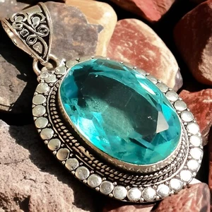 925 Sterling Silver Swiss Blue Topaz Gemstone Jewelry Vintage Pendant Size-2.22 - Picture 1 of 9