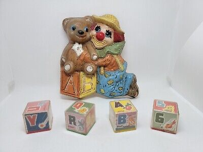 Vintage Clown Teddy Bear Nursery Wall Decor & 4 Plastic Blocks • 15.99$