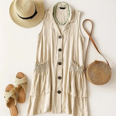 Jones & Co NY жилет платье 2 X бежевый льняной смеси кнопка Cottagecore Artsy - Изображение 1 из 4