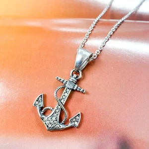 Anchor charm necklace nautical anchor twitsed rope clear crystal stainless steel - Picture 1 of 6