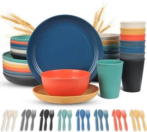 56 Piece Wheat Straw Dinnerware Sets,Unbreakable Reusable Dinnerware Set - Picture 1 of 7