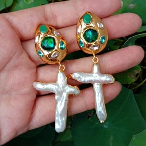 Cultured White Pearl Crucifix Murano Glass Dangle Drop Earring - Picture 1 of 6