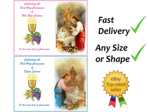 Pink or Blue First holy communion Jesus Cake topper icing or wafer Personalised - Picture 1 of 3