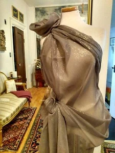 6yds DESIGNER FABRIC GREY FLOATY SILK CHIFFON W/ METALLIC GOLD PINSTRIPE - Picture 1 of 6