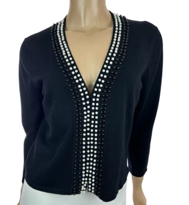 Cárdigan corto suéter Spense talla M negro manga 3/4 blanco con cuentas ribete rayón/poliéster Foto 1 de 4