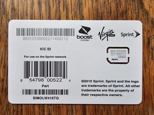 Sprint Sim Card SIMOLW416TQ Nano-Sim, Brand New and Unused, Boost Virgin Mobile - Zdjęcie 1 z 3