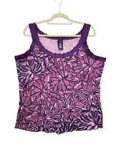 Camiseta sin mangas acanalada púrpura 2X Basic Editions Y2K para mujer ribete de encaje elástico abstracto - Imagen 1 de 5