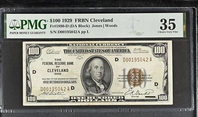$100 1929 FRBN Cleveland Fr#1890-D Jones Woods Choice VF35 PMG  - Image 1 of 2