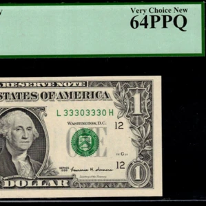 1999 $1 Federal Reserve Note - PCGS 64PPQ - Repeater Serial Number 33303330 - Picture 1 of 3