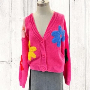 NWT Pink Flower Power Chunky Knit Cardigan - Size M/L - Picture 1 of 6