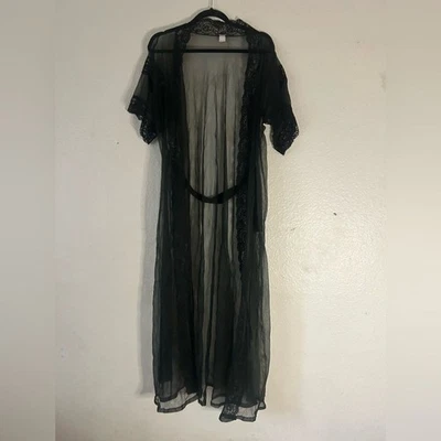 Maxi bata transparente de encaje negro de nailon vintage Sears victoriana caprichoso rencor sexy Foto 1 de 4