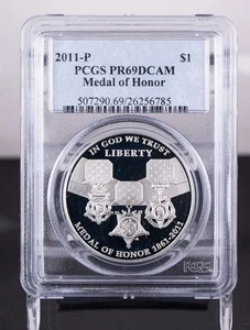 Certified 2011-P Silver $1 PCGS PR69DCAM Medal of Honor - Picture 1 of 4