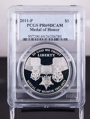Certified 2011-P Silver $1 PCGS PR69DCAM Medal of Honor - Image 1 of 4