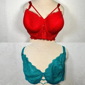 CACIQUE Unlined & Boost Balconette Bra 46G Red & Teal Lace Bra Underwire Charity - Picture 1 of 20