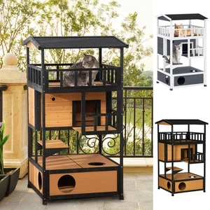 PawHut Katzenhaus aus Holz für draußen 3-stufiges Kätzchenhaus mit geneigtem Dach - Bild 1 von 23