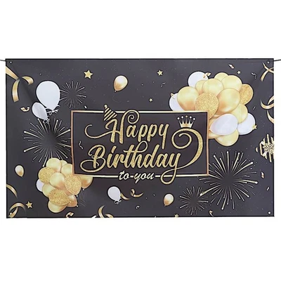 6x3 ft Black Gold Printed Polyester Photo Backdrop Happy Birthday Banner Party - Image 1 of 4