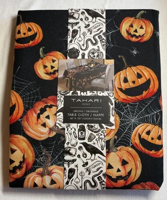 TAHARI HOME TABLECLOTH BLACK ORANGE JACK O LANTERN 60 X 120 100% POLYESTER  NIP - Image 1 of 2