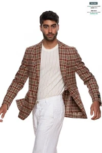 BELVEST Made in Italy Jacket Silk Linen Checks Brown & Burgundy 42 US / 52 EU 9R - Picture 1 of 7