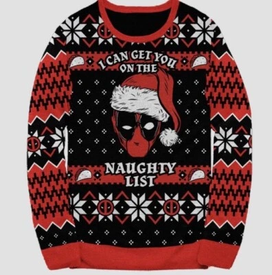 Nuevo Deadpool Feo Navidad Navidad Jersey Suéter Camisa Pequeña Marvel Lista Traviesa Foto 1 de 2