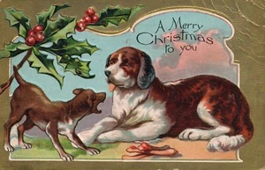 Weihnachtshunde Serie Gold Metallic Hunde spielen Weihnachtsgruß Postkarte - Bild 1 von 2