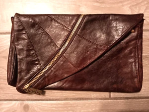 Kooba Brown Leather Handbag Clutch, Boho Asymmetrical Zip, Fold Over, Soft - Picture 1 of 6