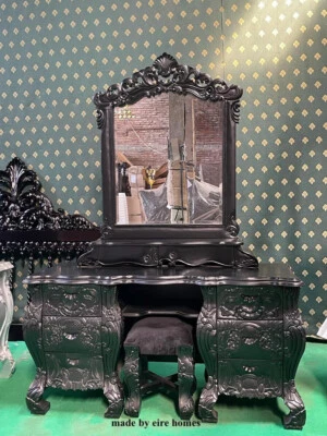 UK Stock Black French Gothic Oriental Rococo style Dressing table miror & stool — 第 1/4 张图片