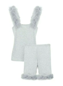 Sleeper Womens Weekend Chic Top And Shorts Set Feather Trim Small Gray - Picture 1 of 12