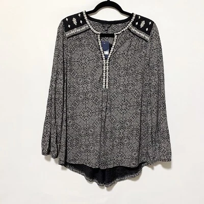 Lucky Brand богемное вышитый разделенный шеи Топ 1 X черный белый печать длинным рукавом с Ярлыками - Изображение 1 из 4