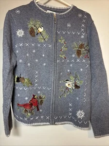 CROFT & BARROW Sweater Cardigan Silk Blend Full Zip Birds Cardinal Small - Picture 1 of 4