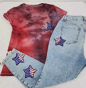 Woman Outfit Patriotic Jeans 16 & Procion Ice Tie Dye No Boundaries Shirt XXL * - Picture 1 of 22