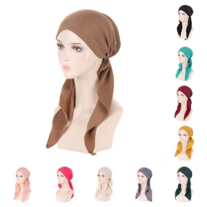 Ladies Pre-Tied Women Hijab Hat Muslim Long Tail Wrap Headscarf Bonnet Chemo Cap - Picture 1 of 44