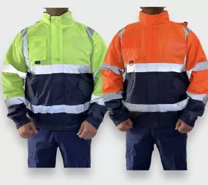 New Mens Hi-Viz Vis Visibility Safety Bomber Zip Fleece Hooded Jacket Work Coat - Picture 1 of 8