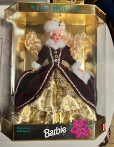 NEU Box 1996 Happy Holidays Barbie SONDERAUSGABE BURGUNDGOLD KLEID + weiß NRFB - Bild 1 von 9