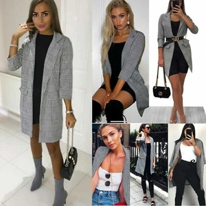 Womens Ladies Checkered Check Hound Tooth Tartan Duster Coat Jacket Blazer Top - Picture 1 of 8